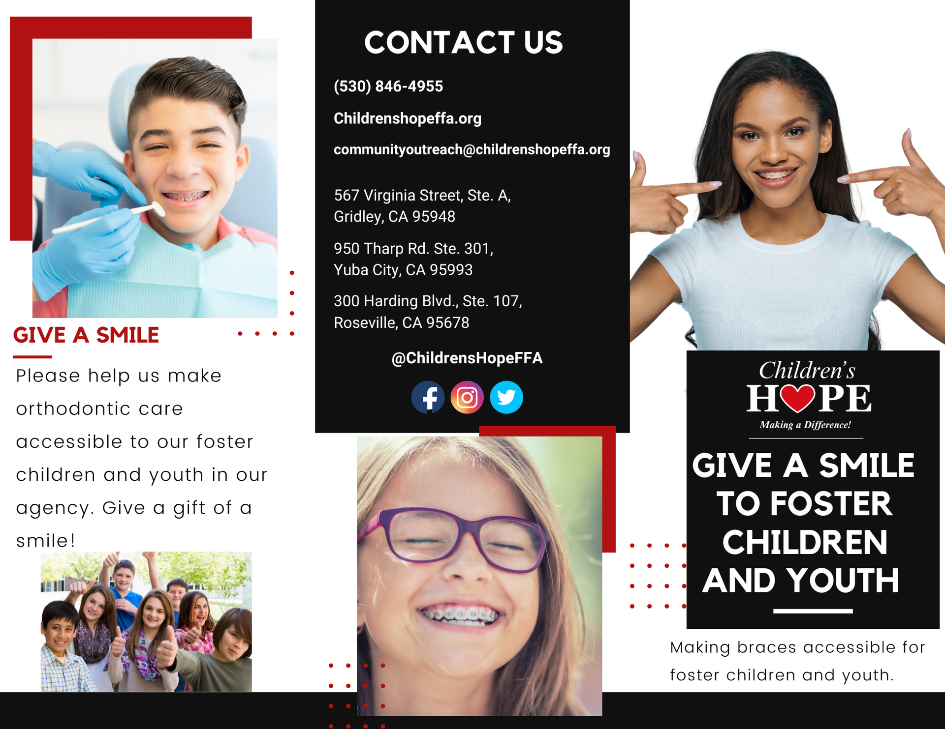 Leaps & Bounds Program brochure with photos of kids playing and contact information