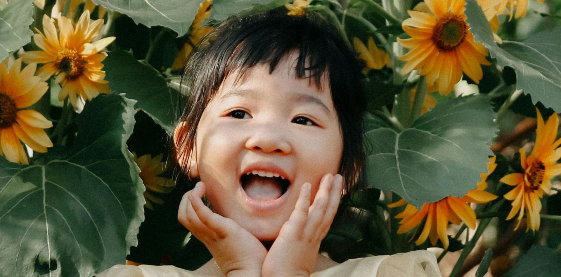 A little girl is laying in a field of sunflowers and smiling.