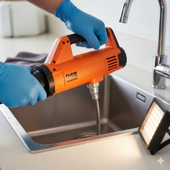 A person in blue gloves using an orange drain snake tool in a stainless steel sink.