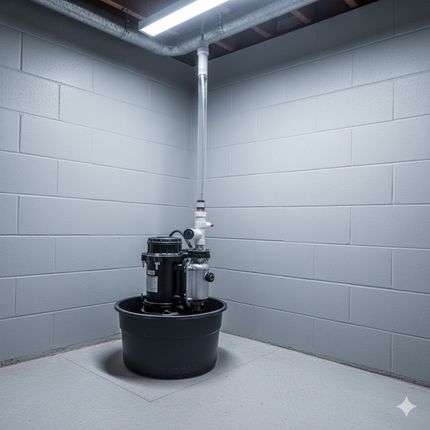 A sump pump in a gray-walled basement corner. The pump is black, in a black bucket, and connected to a clear PVC pipe.