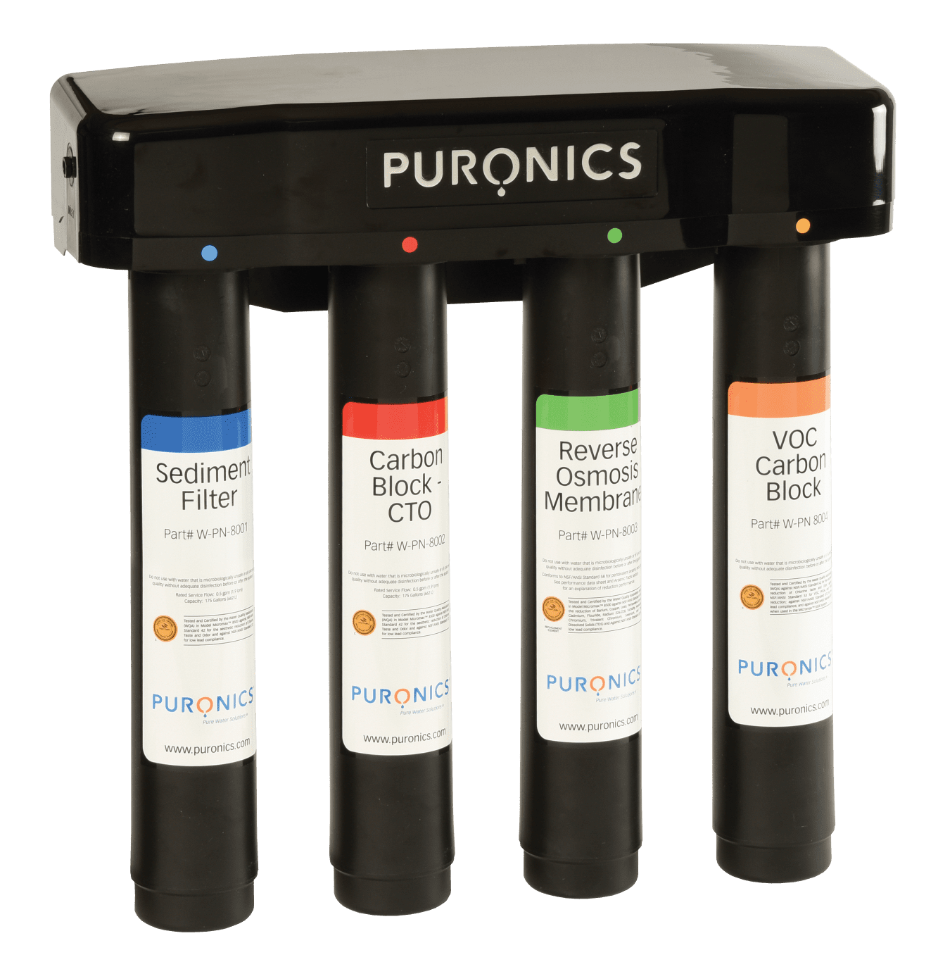 Black water filter system with three labeled cartridges.