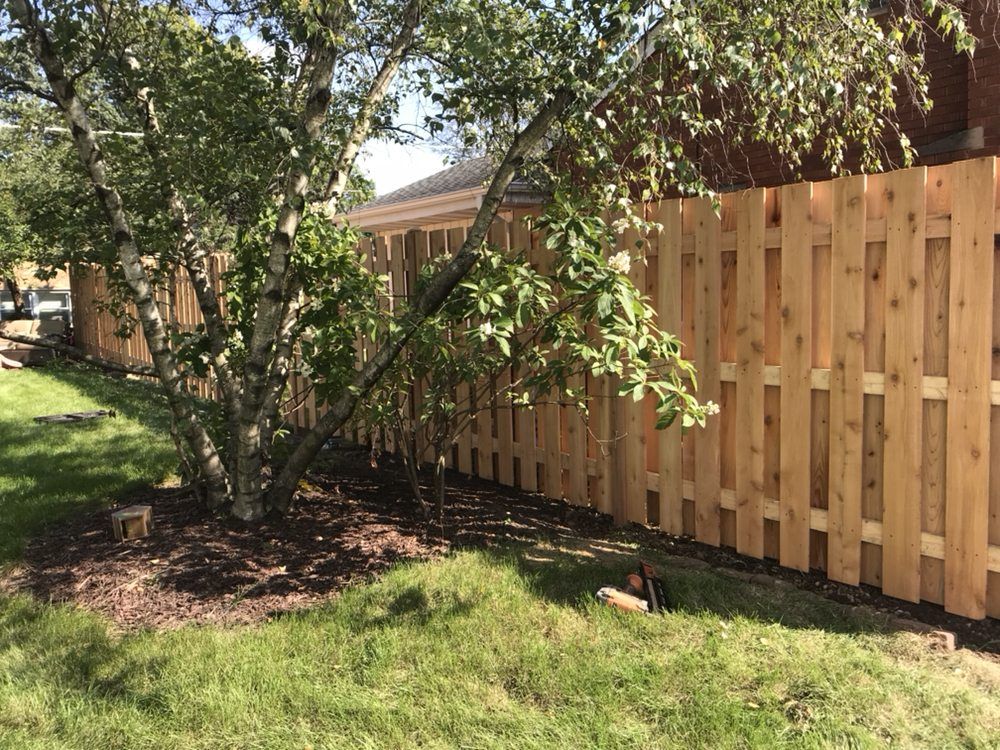 Wooden Privacy Fence with Tree — Maywood, IL — Anaya and Sons Fence Company