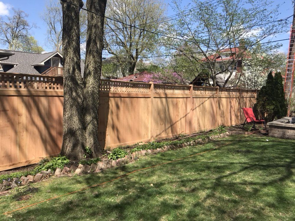 Board with Square Lattice and Tree — Maywood, IL — Anaya and Sons Fence Company