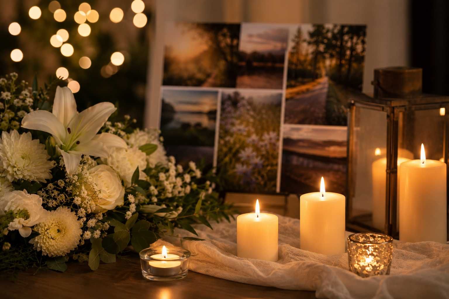 Memorial candles and a white floral arrangement honoring loved ones in El Cenizo, TX.