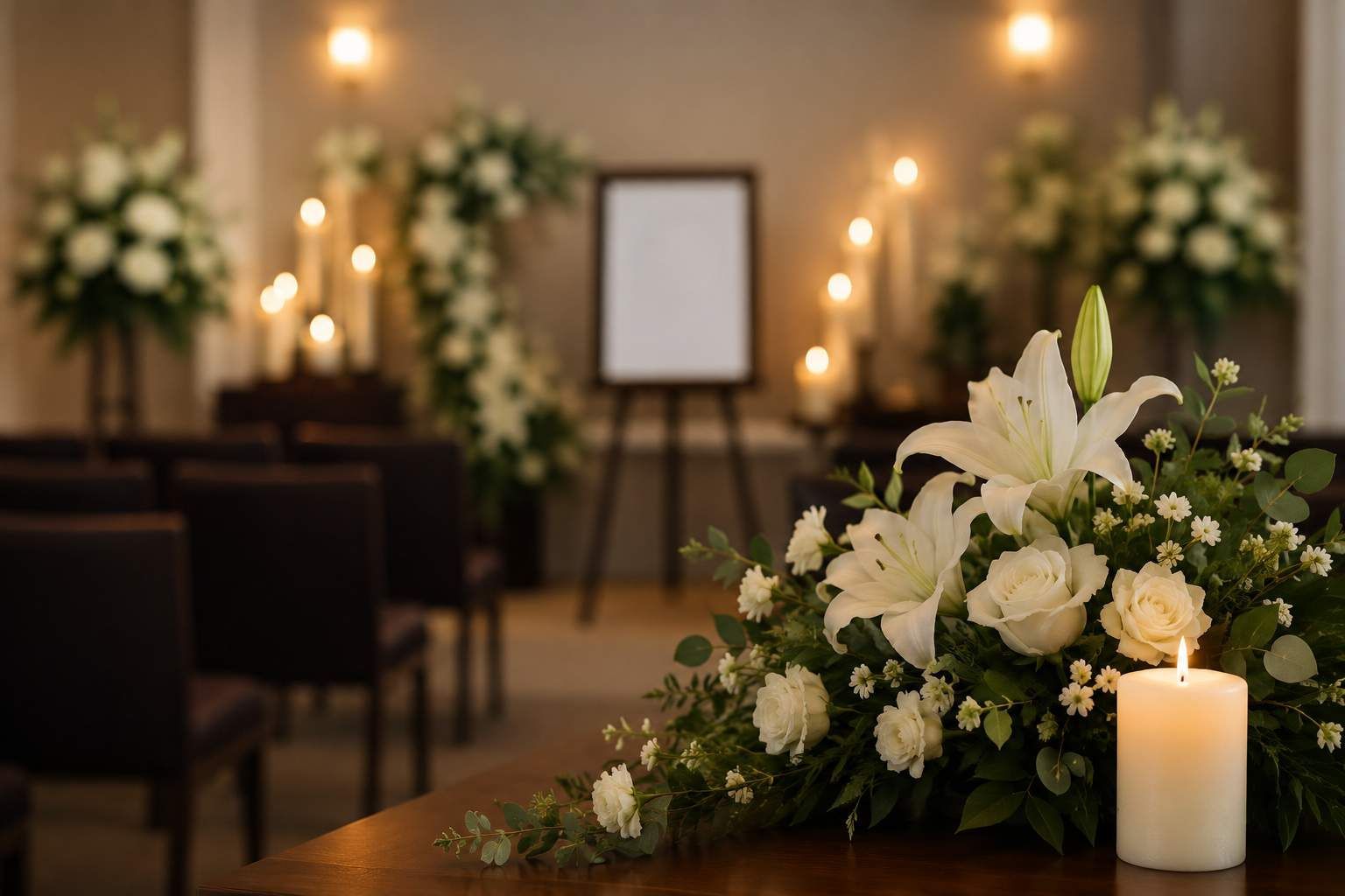 Peaceful funeral chapel with white floral arrangements and memorial candle in Laredo, TX.