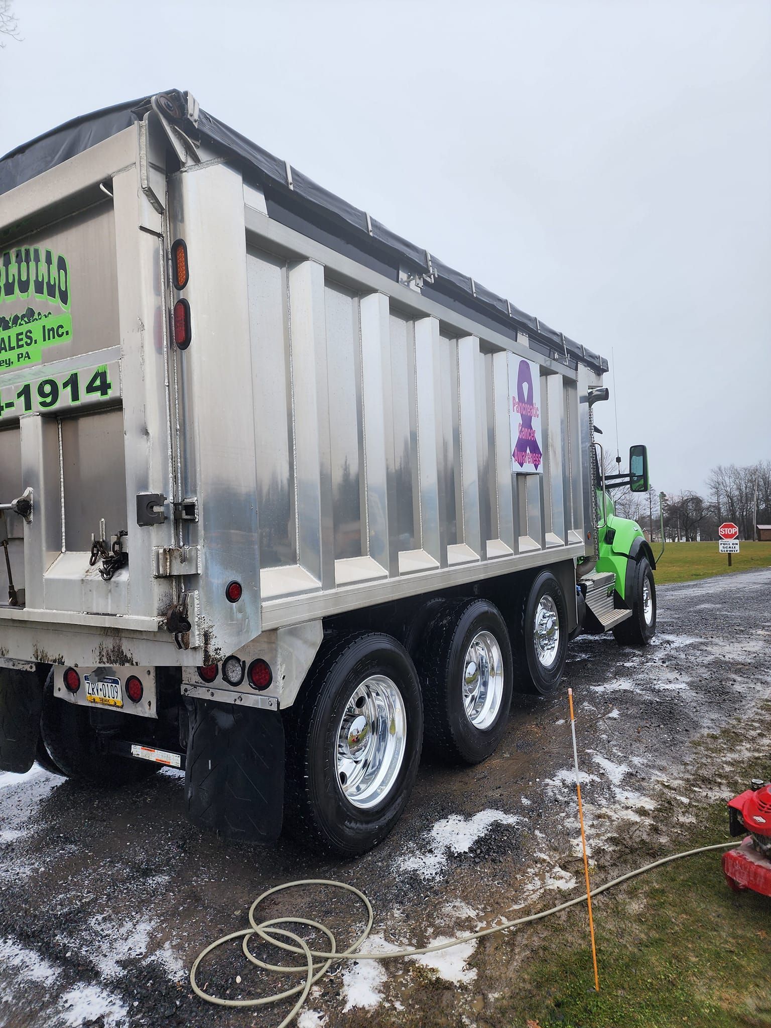 Shiny silver dump truck on muddy ground. Green cab, overcast sky, and grass in the background.