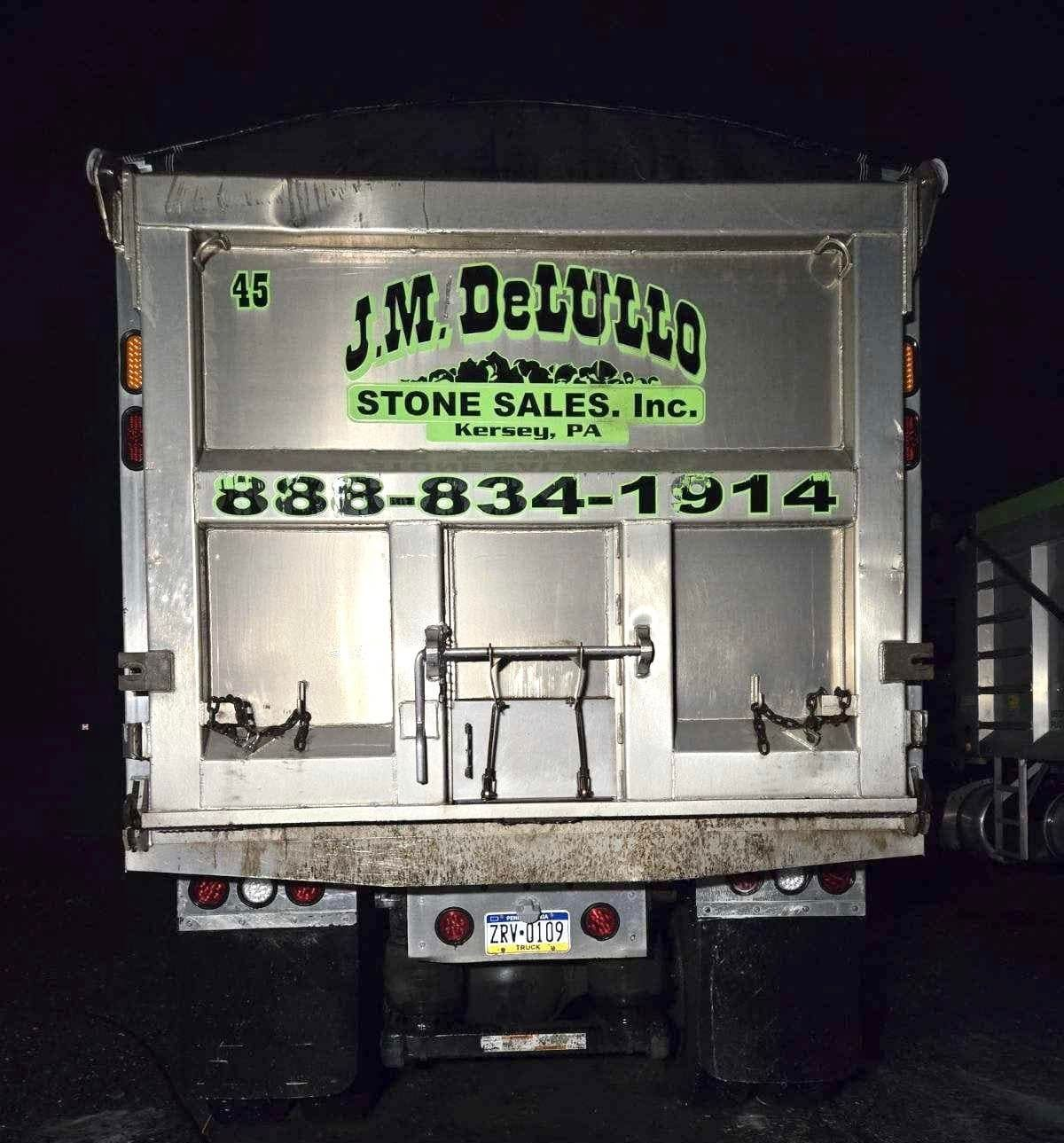 Rear view of a dump truck with 