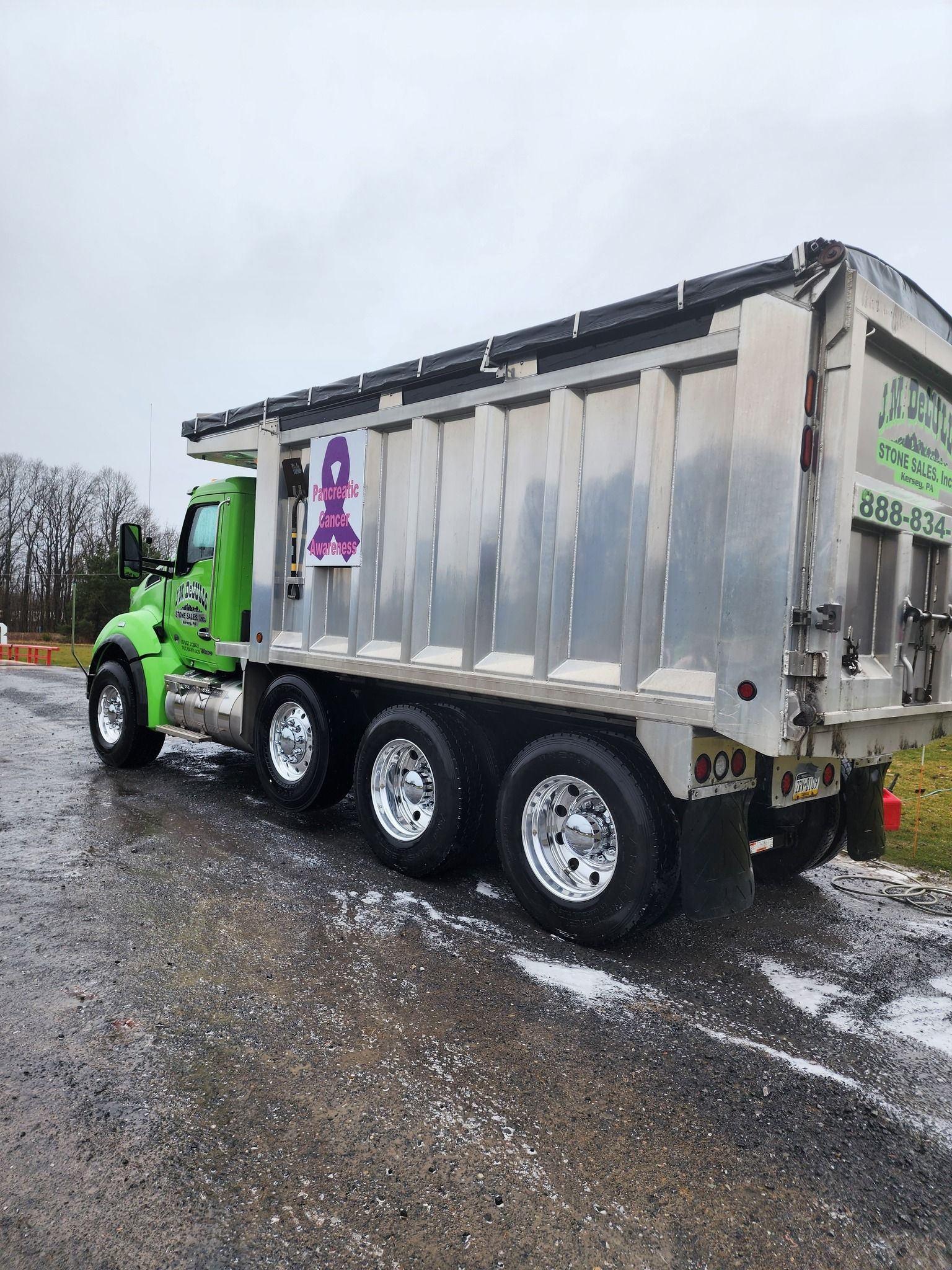 Green dump truck on a gravel lot, with a silver bed and chrome wheels. Cloudy day.