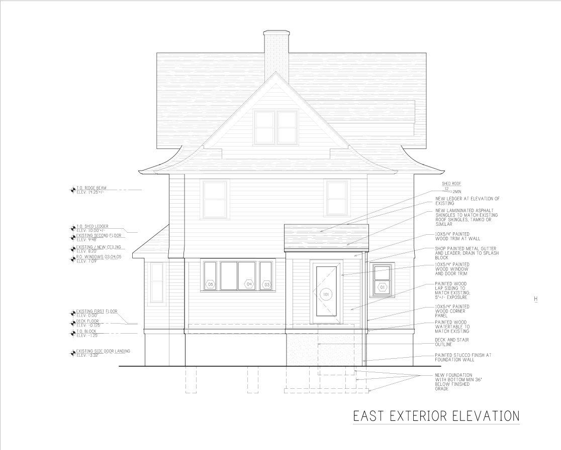 A black and white drawing of an exterior elevation of a house