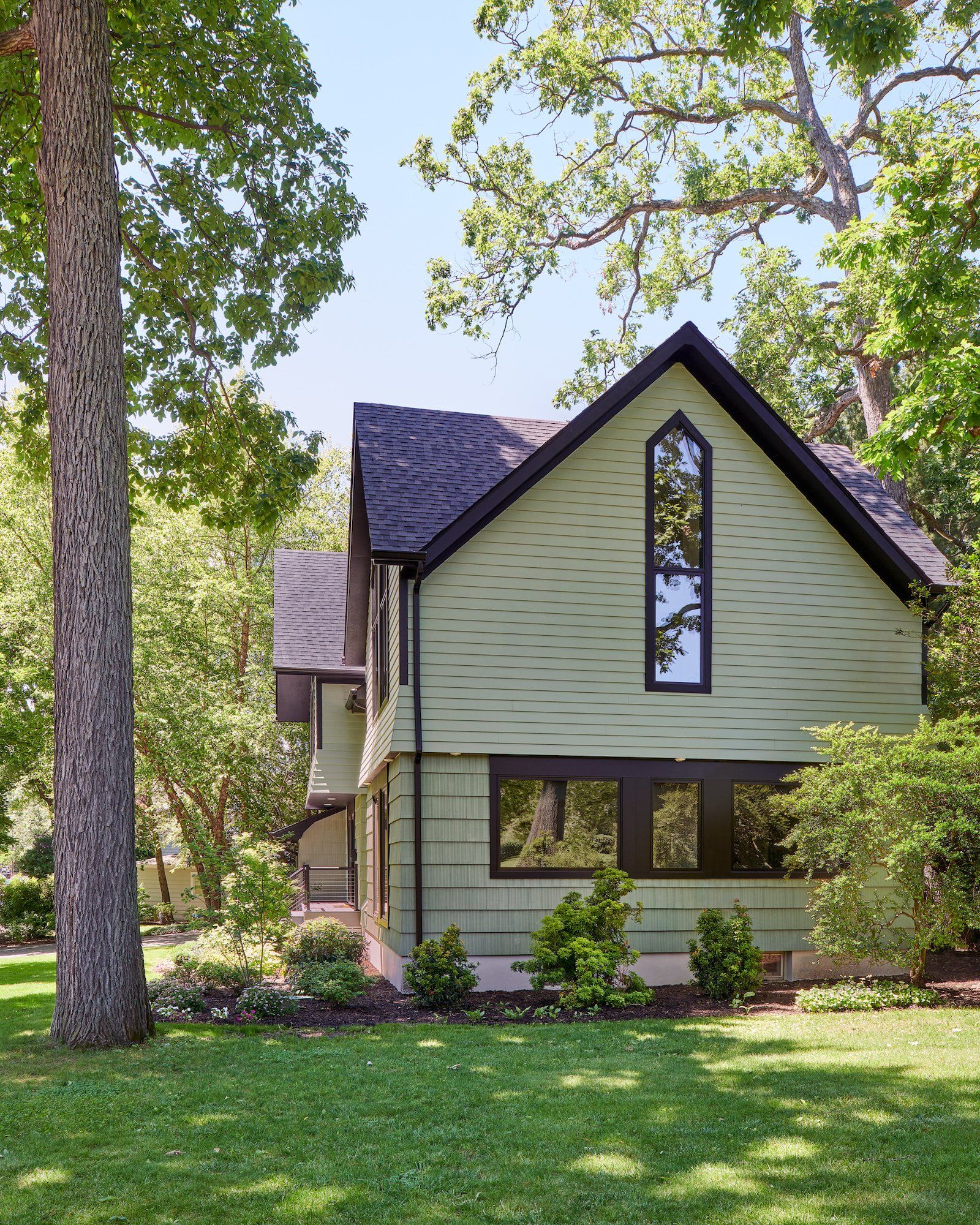 A green house with a black roof is surrounded by trees