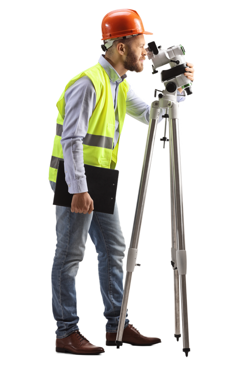 Full length profile shot of a geodetic surveyor working with a measuring equipment isolated.