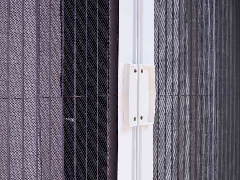 Security Screen Door With White Curtains — We Install Security Screens in Brisbane North