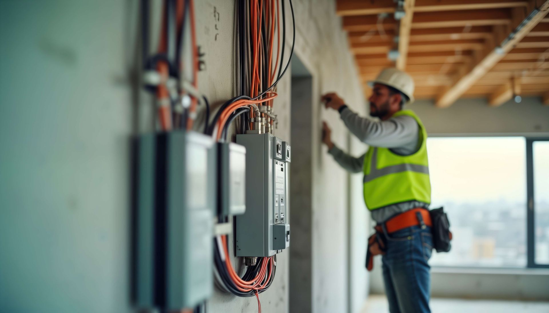An electrician is working on a wall in a building under construction.