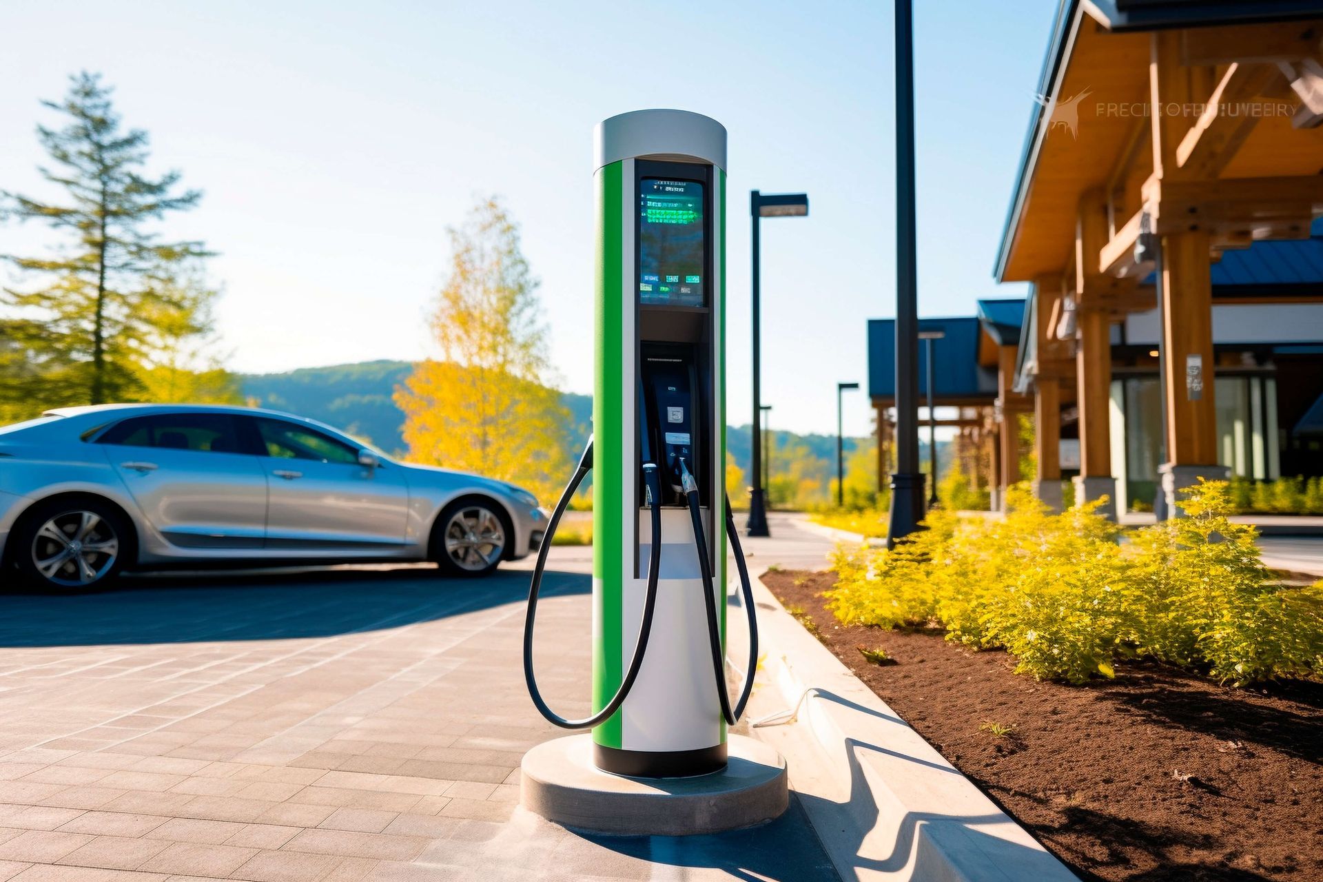 An electric car is being charged at a charging station.
