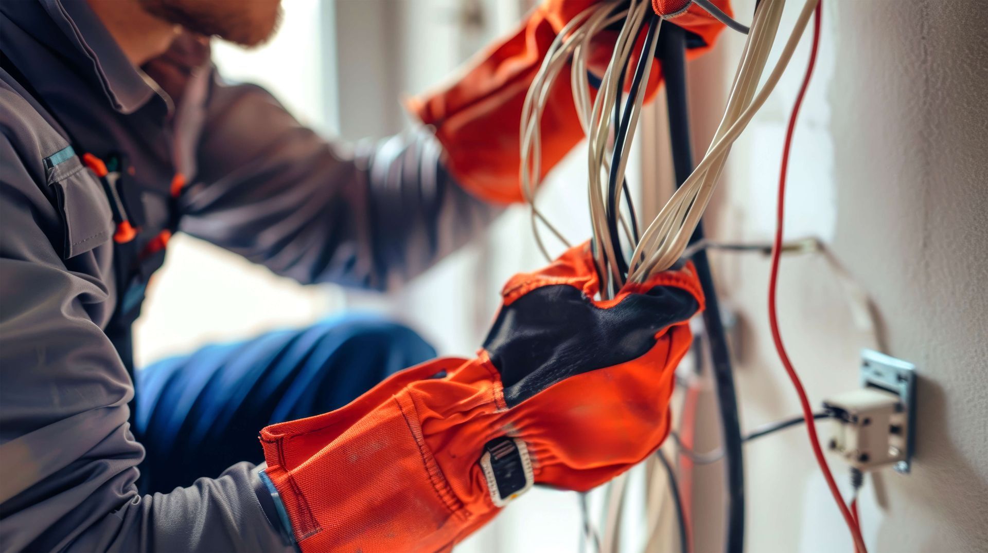A man wearing orange gloves is working on electrical wires on a wall.