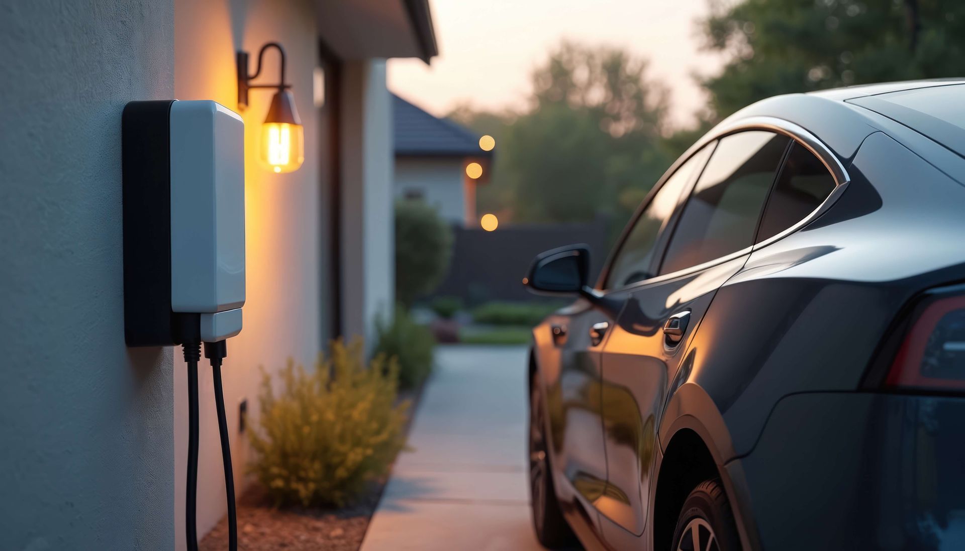 A tesla model 3 is being charged at a charging station outside of a house.