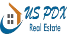 Logo for US PDX Real Estate featuring a stylized house icon with an orange roof and a blue swoosh graphic.