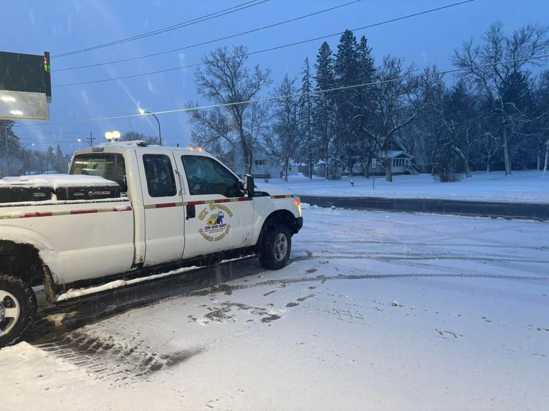 White work truck parked on snowy road. Winter scene with trees and falling snow.