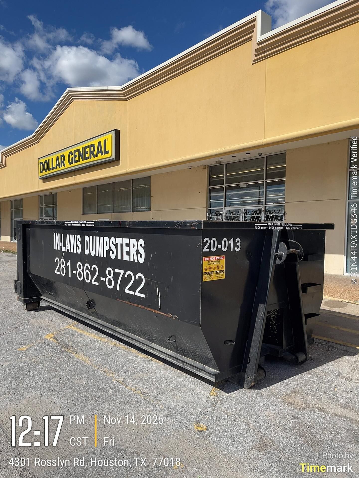 A photo of a commercial dumpster rental from In-Laws Services in Texas.