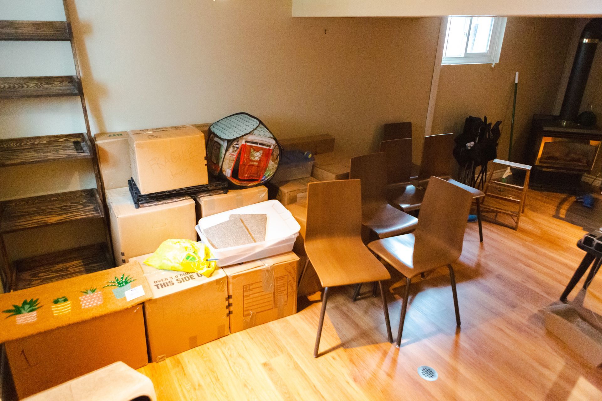 A photo of a cluttered basement in need of a clean out. 