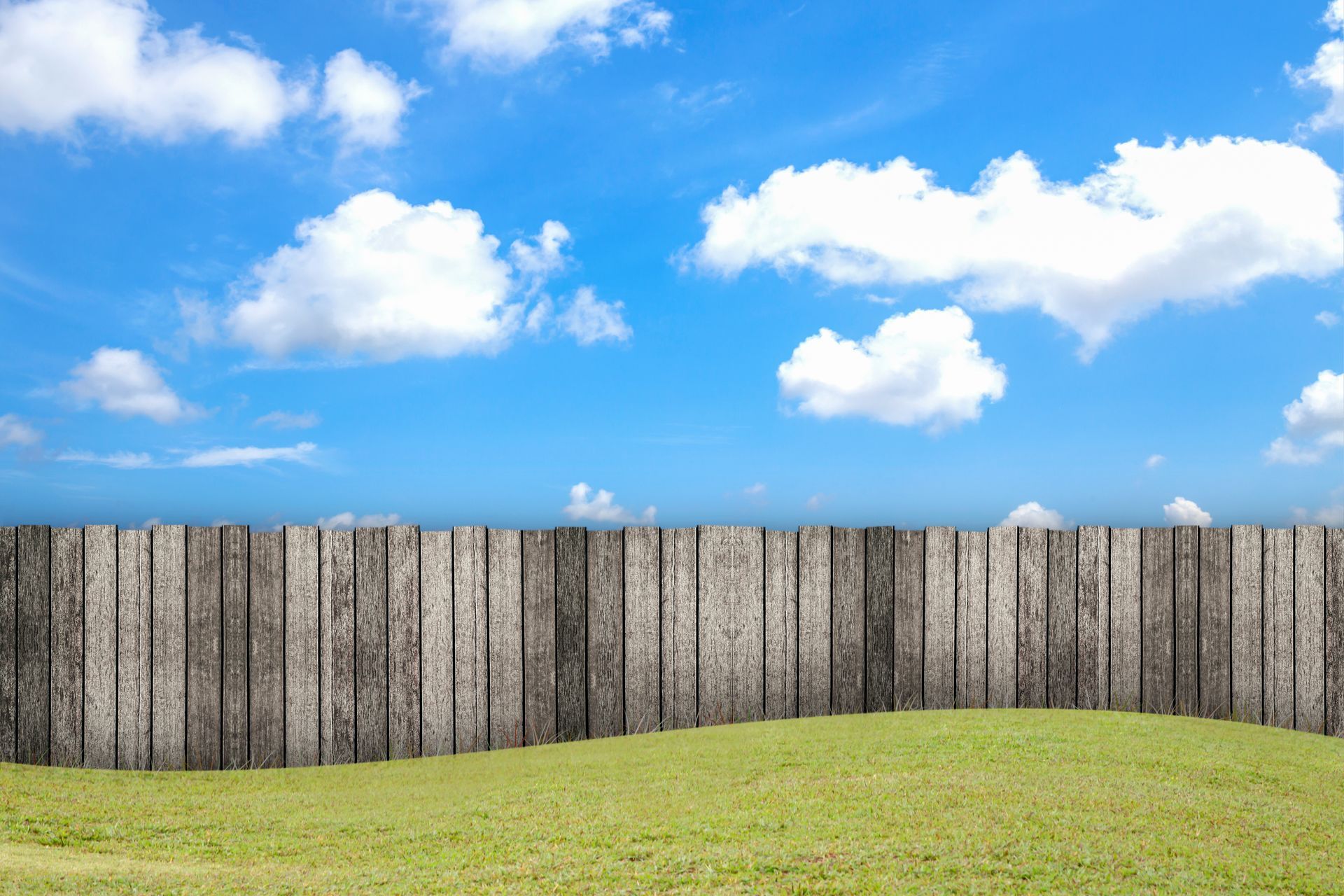 A wooden fence surrounds a grassy field with a blue sky in the background.