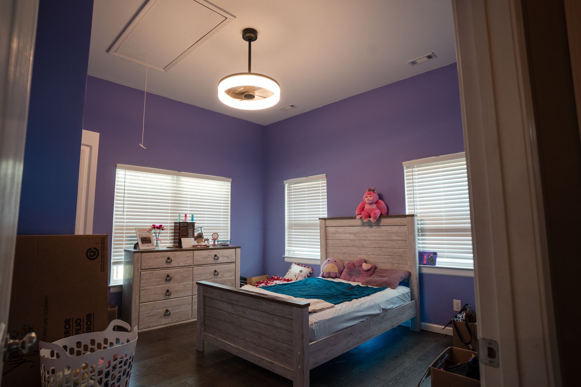 Purple bedroom with a bed, dresser, windows with blinds, and a ceiling light