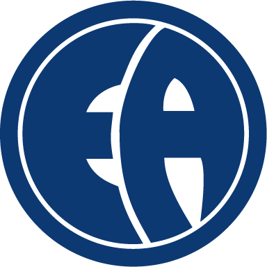 Blue circular logo with stylized white letters inside