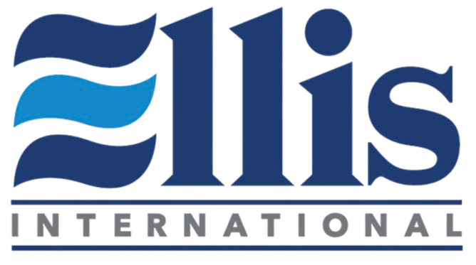 Ellis International logo in blue with stylized waves and serif lettering