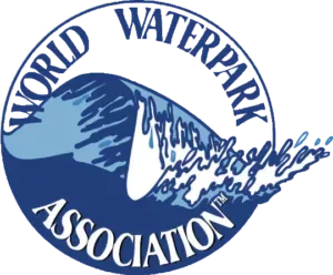 World Waterpark Association logo with blue wave and water splash text in a circular seal