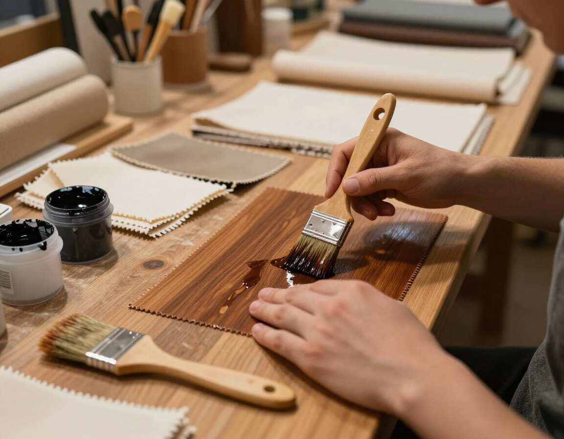 Una persona utiliza un pincel para dar un acabado a una tabla de madera sobre un escritorio lleno de materiales de pintura