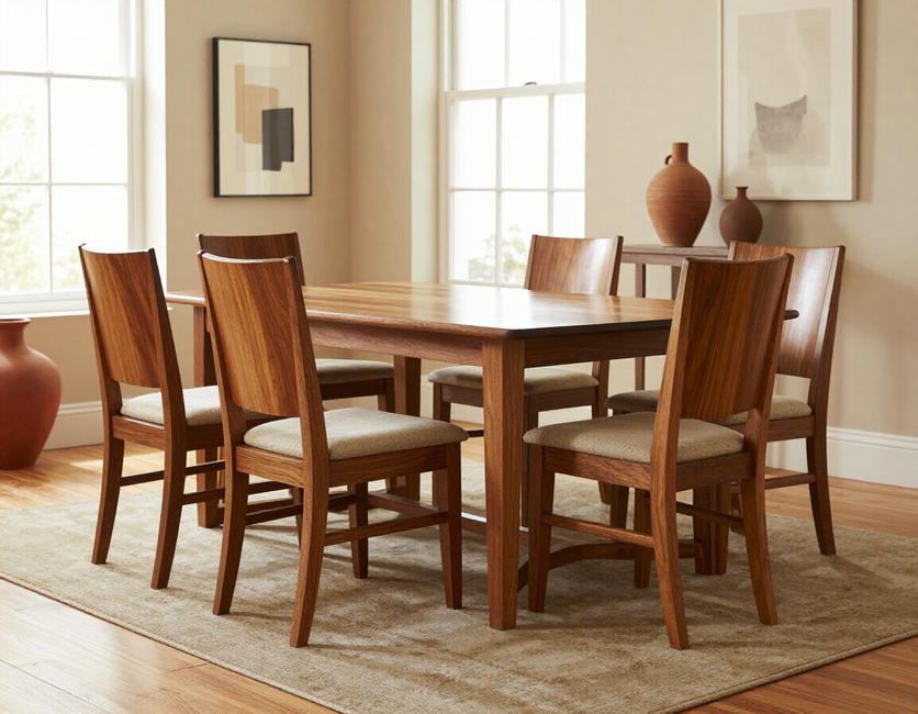 Comedor con una mesa de madera, cuatro sillas tapizadas, dos jarrones de terracota y dos láminas