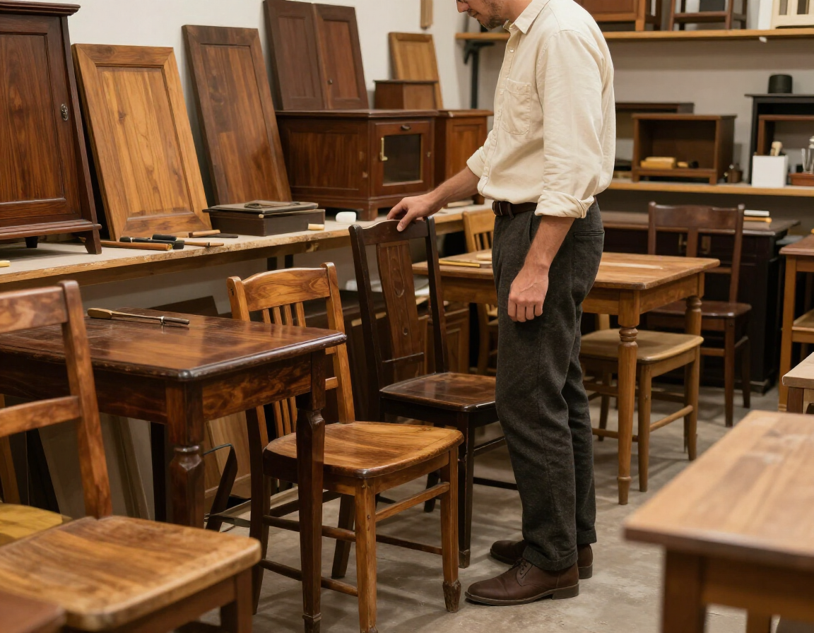 Una persona de pie en un taller, mirando una silla de madera entre varias mesas y muebles de madera hechos a mano.