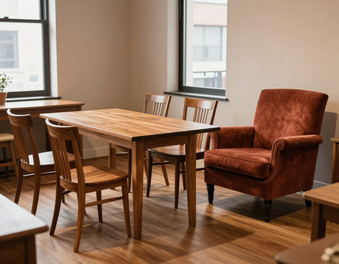 Una mesa de comedor de madera con cuatro sillas y un sillón de terciopelo color óxido en una habitación con dos ventanas.