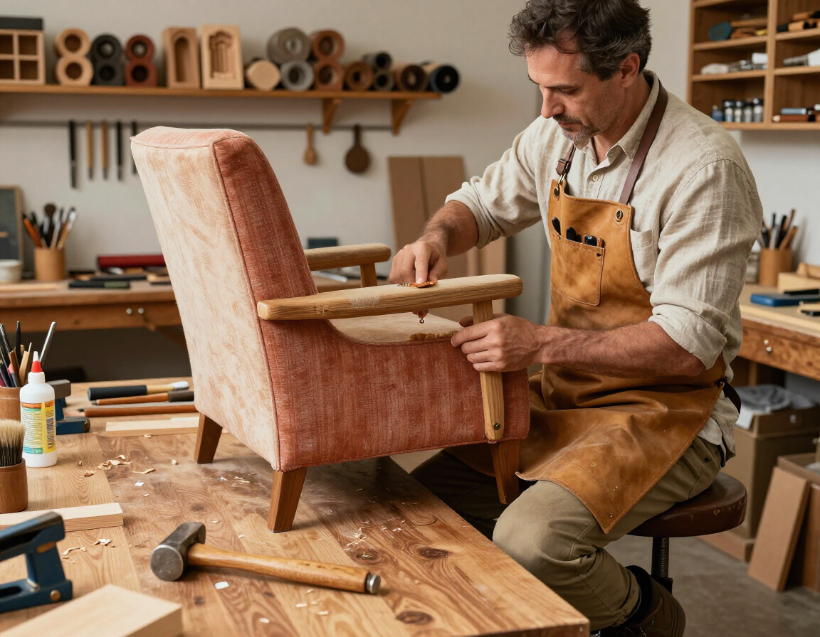 Un artesano con delantal de cuero trabaja retapizando un sillón antiguo en un taller de carpintería bien equipado.