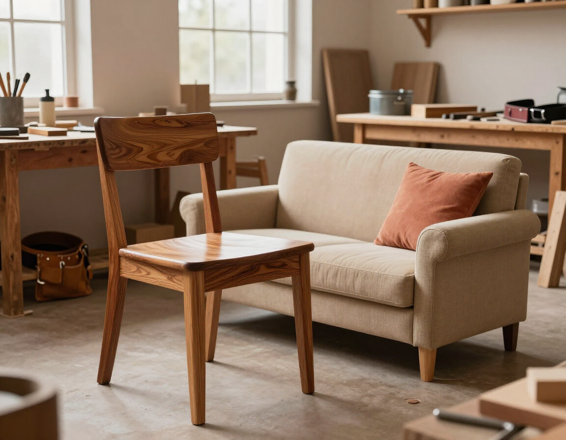 En primer plano, en un taller de carpintería bañado por el sol, se ve una silla de madera junto a un sofá