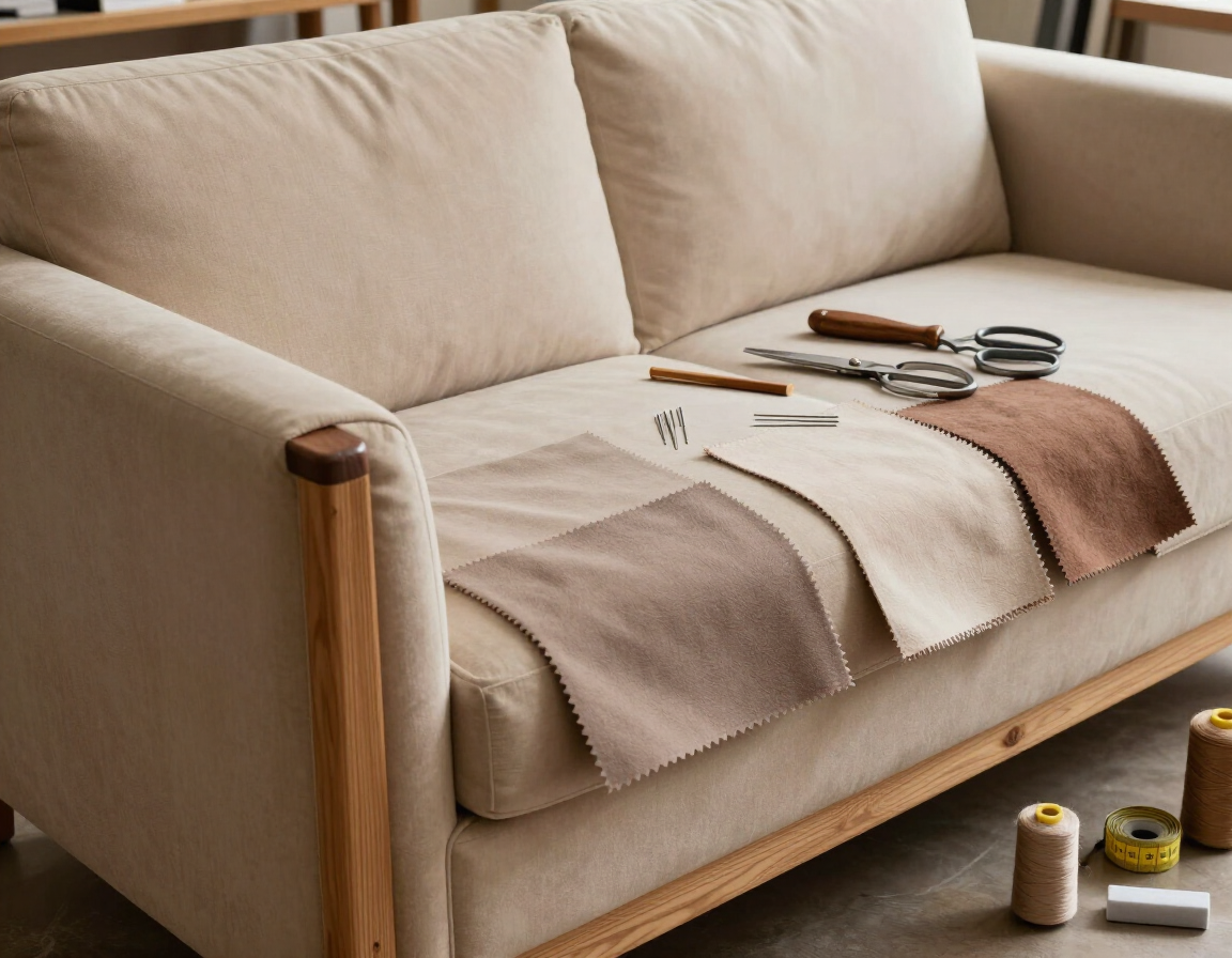 Muestras de tela en tonos marrones y beige, tijeras de costura e hilo dispuestas sobre un sofá