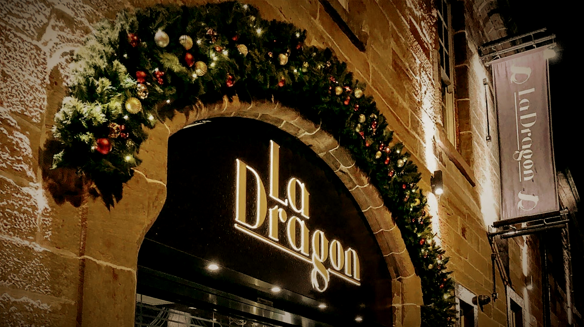 La Dragon restaurant entrance with Christmas decorations
