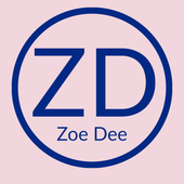 A logo for zoe dee in a blue circle on a pink background