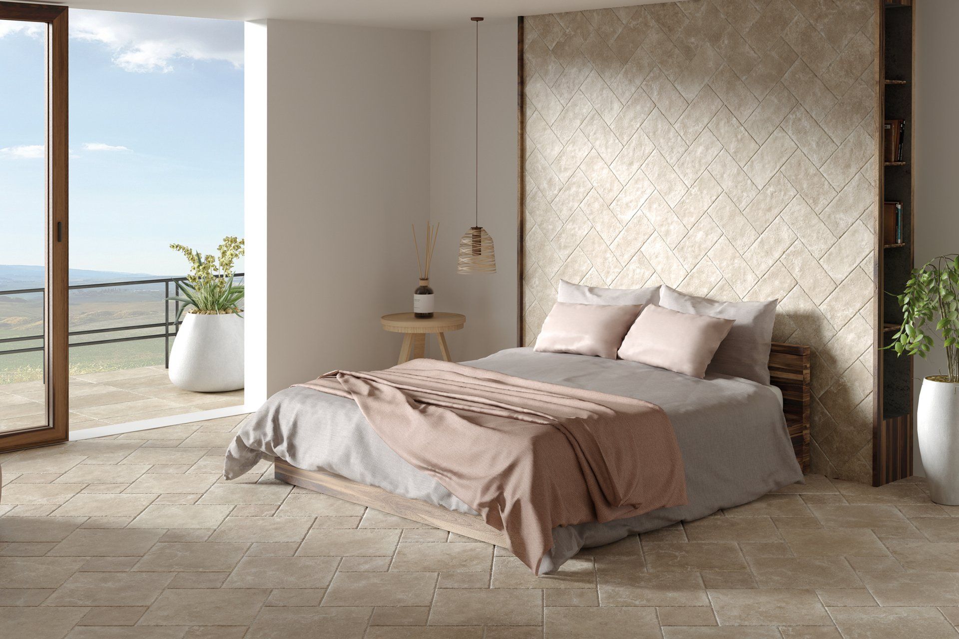 Large open bedroom with beige tile floors and matching wall