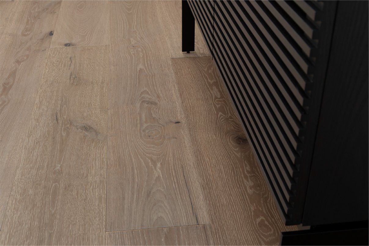 Cali Mendocino Hardwood Flooring with a modern dark wood cabinet