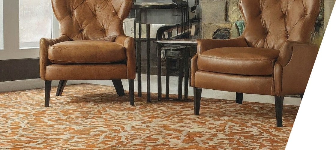 Two brown leather chairs are sitting on a carpet in a living room.