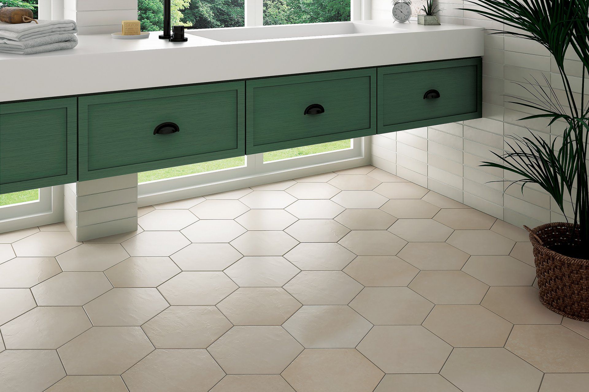 Modern bathroom with hexagonal-shaped tile floor