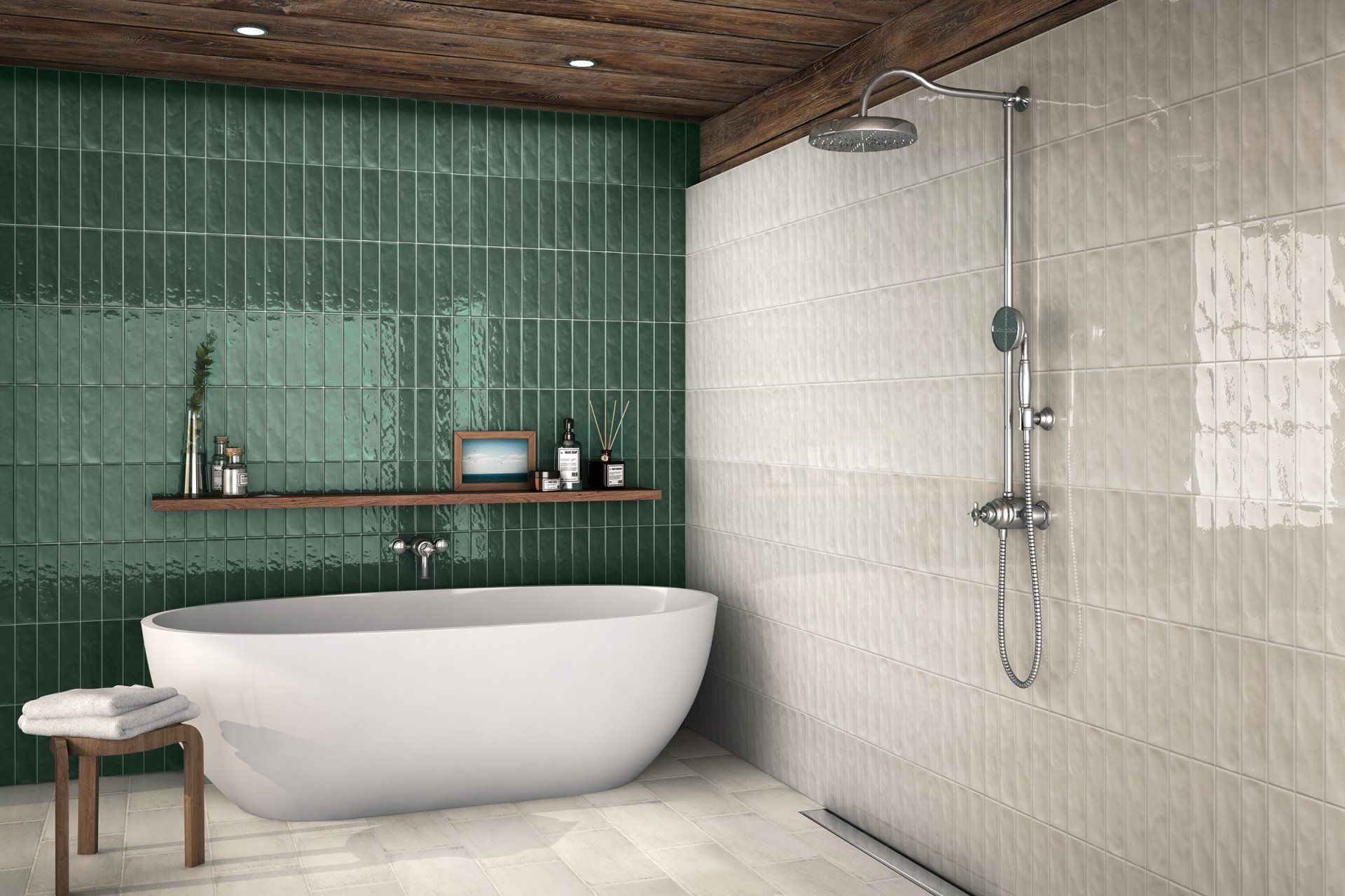Luxurious, modern bathroom with tile covered walls and flooring