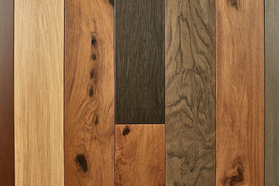 A close up of engineered hardwood floor with different colors and styles.