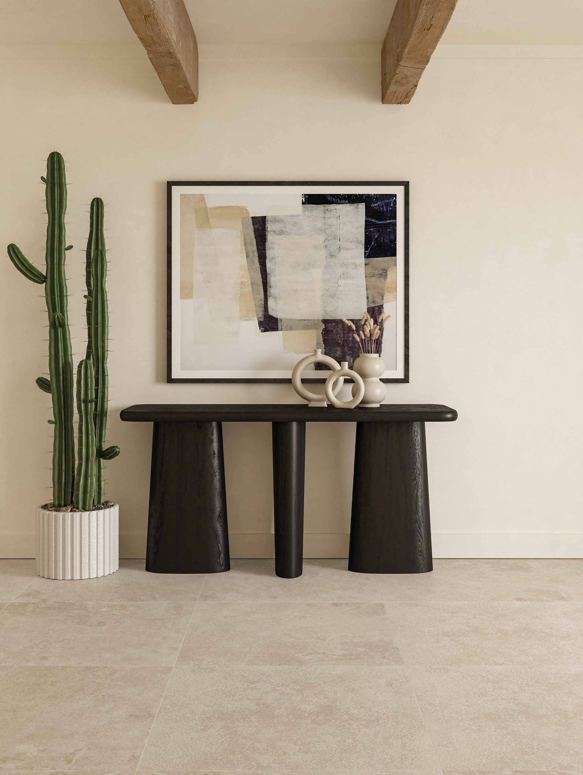 Desert themed hallway with a sofa-table, mirror, and cactus on a tile floor