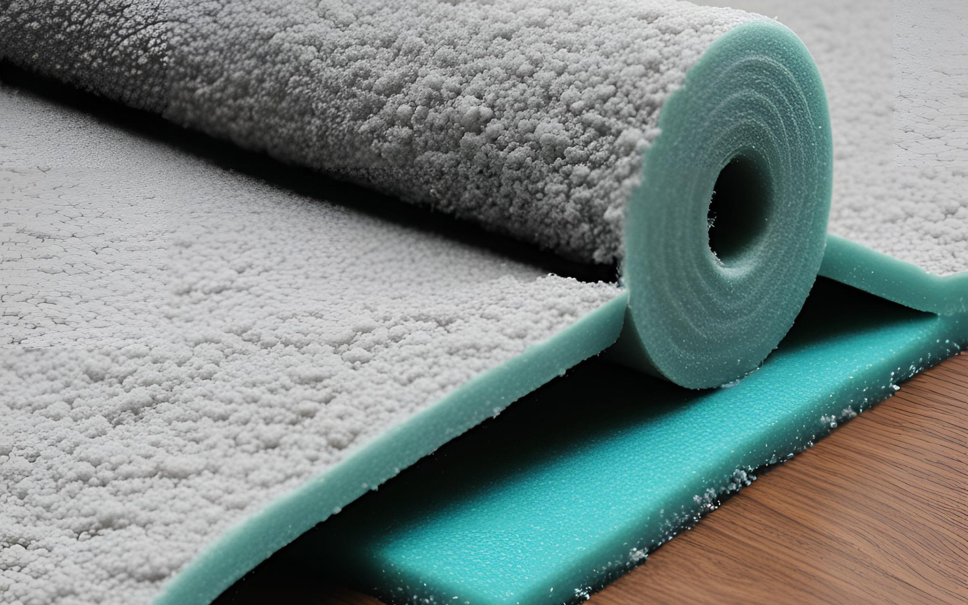 A flat sponge rubber padding is rolled up on top of a blue foam mat