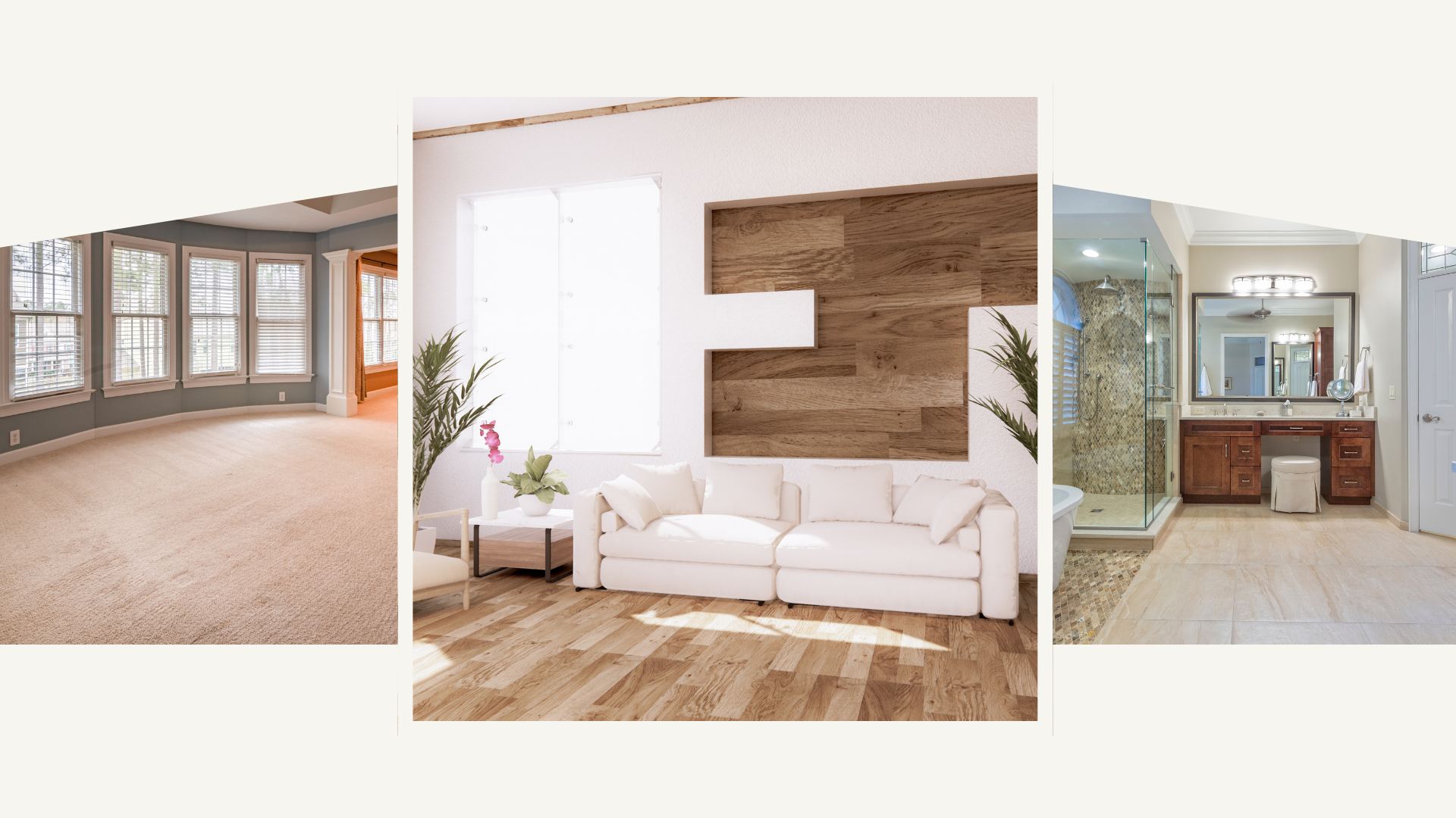 A collage of three pictures of a living room , a bathroom , and a carpeted room.