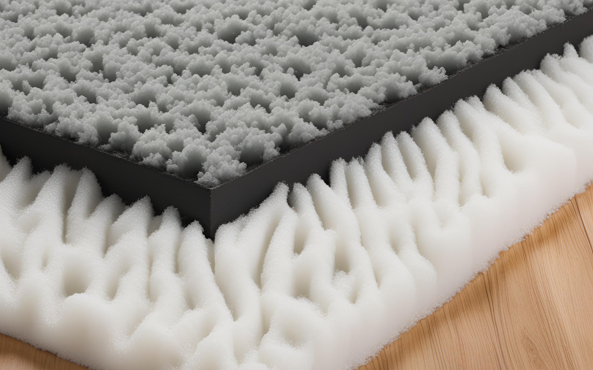 A close up of a froathed foam mattress on a wooden floor.