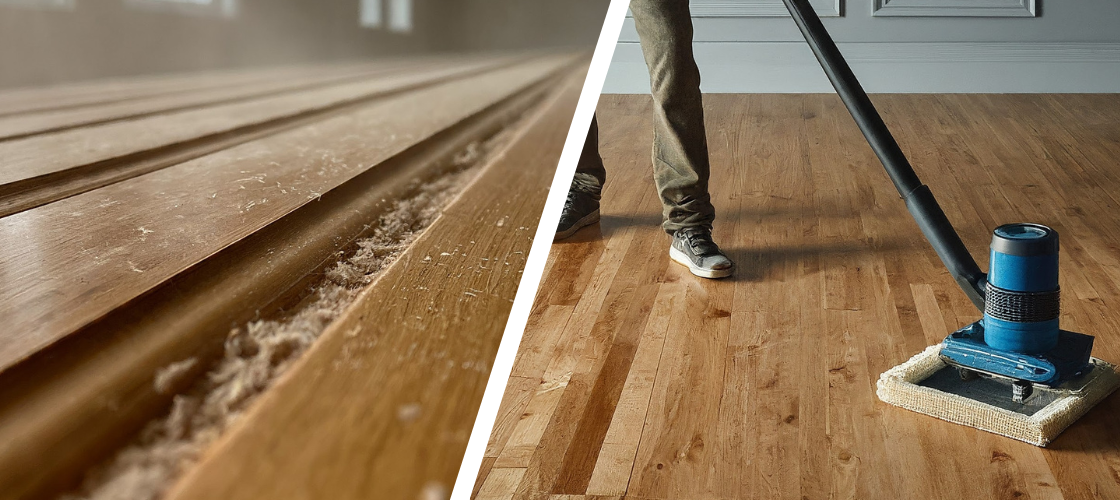 A hardwood floor being refinished