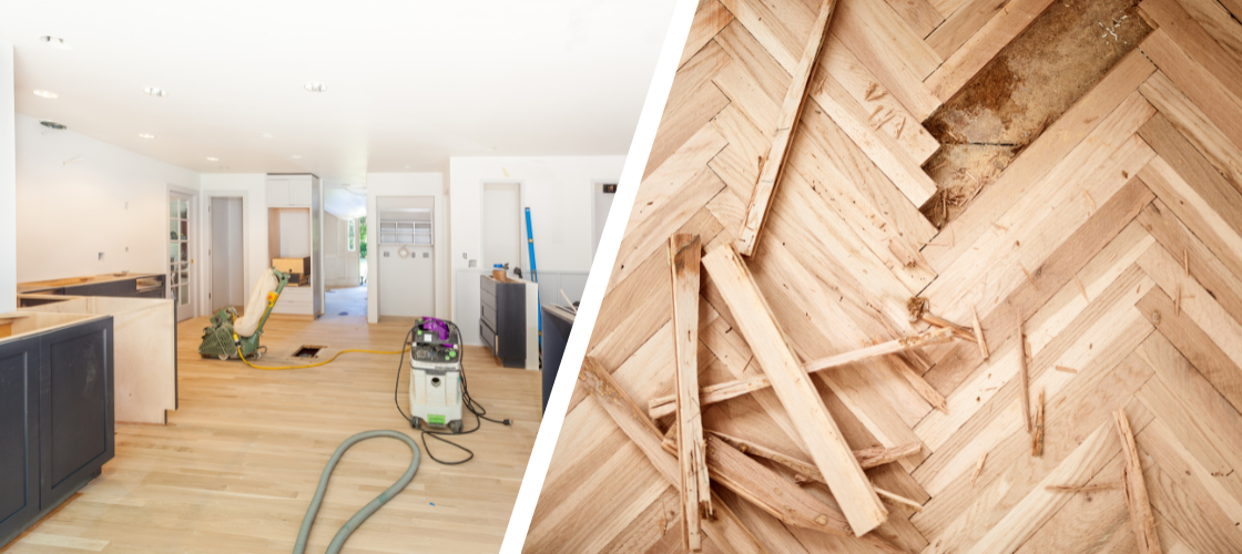 A picture of refinishing kitchen floors and a picture of replacing hardwood.